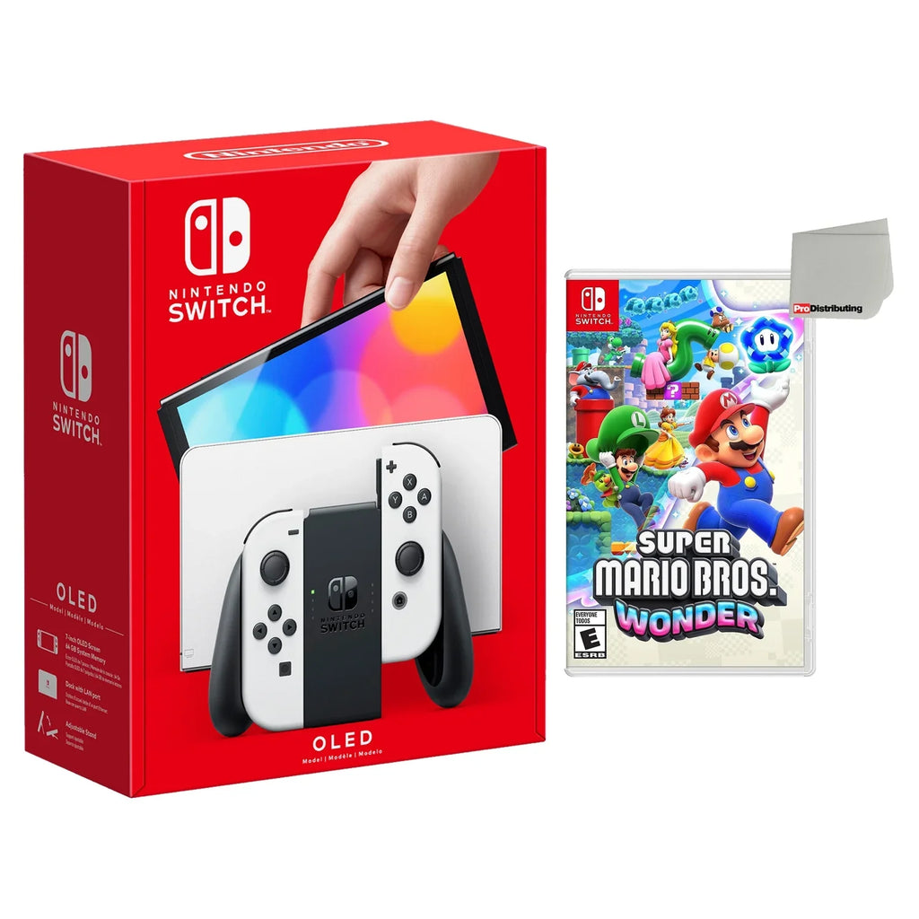 Nintendo Switch  with White Joy‑Cons and Super Mario Bros Wonder Bundle