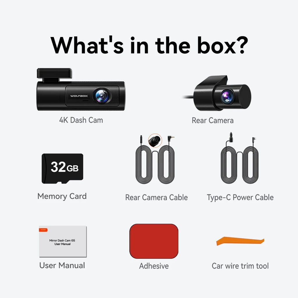 Dash Cam Front and Rear, 4K  Front and 1080P Rear DashCam with  & WiFi, Car Dashcam with Night Vision, , Free 32G Card, Loop Recording