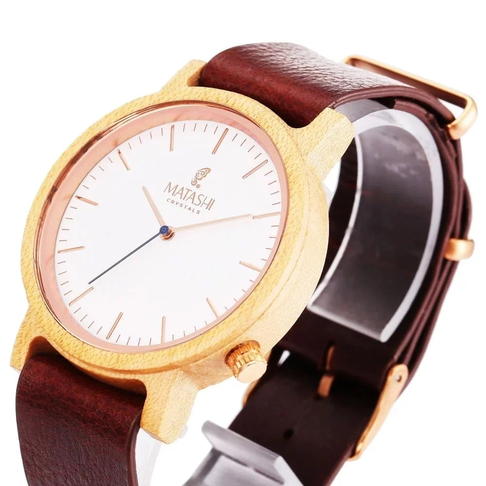 Matashi Mens and Womens Casual Wooden Wrist Watch w Brown Leather Strap, 1ATM Water Resistant, Business or Travel, Swiss