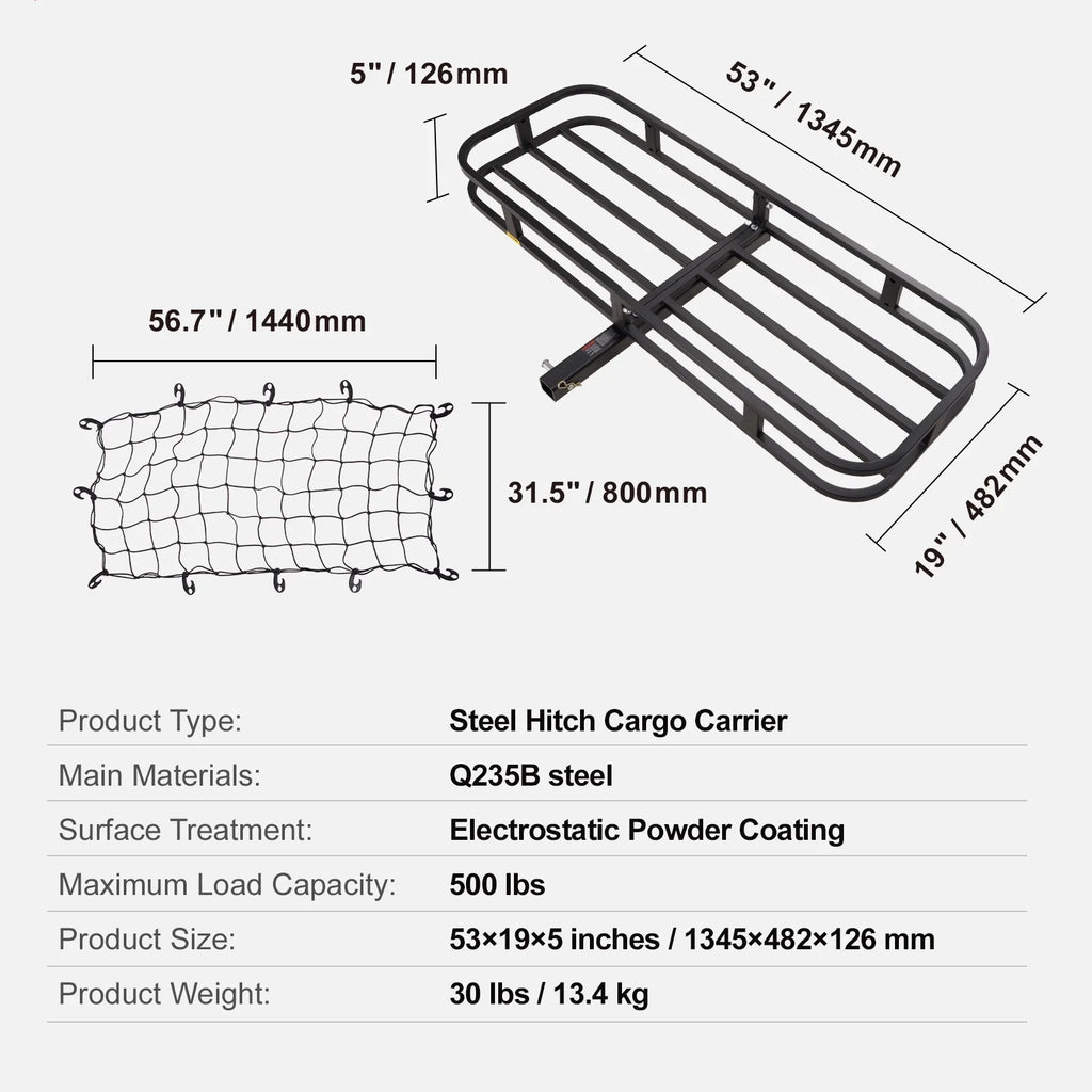 Hitch Mount Cargo Carrier 53x19x5 in 500lb & Cargo Net Fits 2" Receiver
