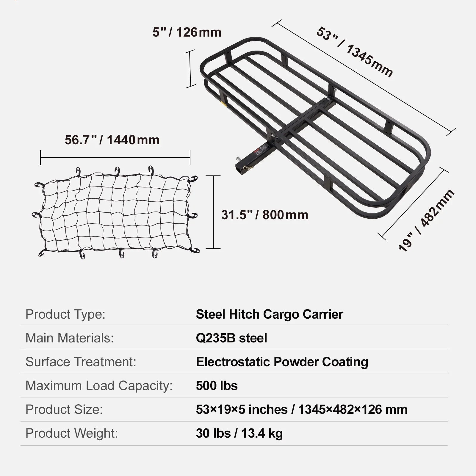 Hitch Mount Cargo Carrier 53x19x5 in 500lb & Cargo Net Fits 2" Receiver