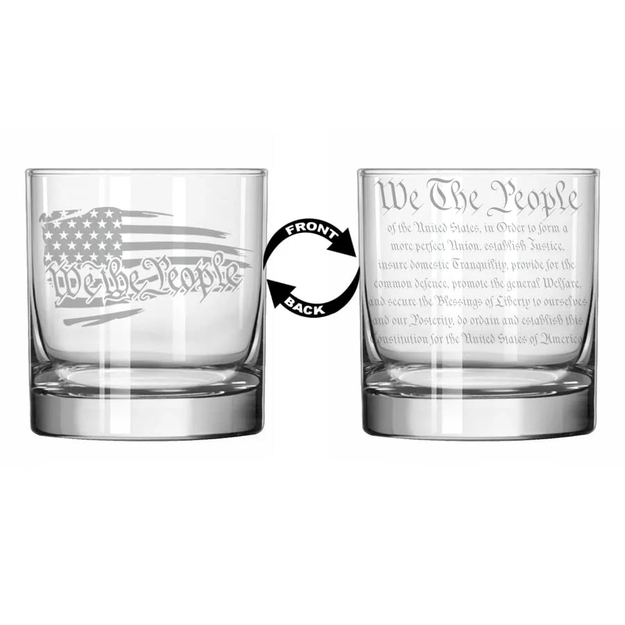 Rocks Whiskey Scotch Old Fashioned Glass 2 Sided We The People American Flag