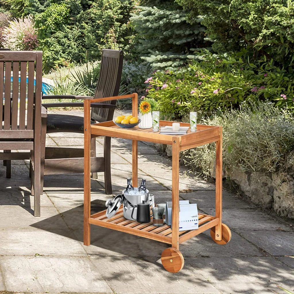 Patio Side Table on Wheels, Acacia Wood Outdoor Buffet Cart, Rolling Kitchen Island Serving Cart with Legs & Handle, 2-Tier Utility Cart for Home Kitchen Bar Garden Poolside
