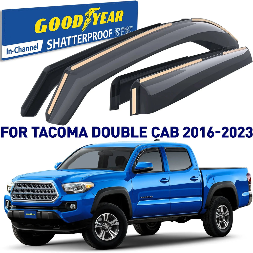 Goodyear Shatterproof in-Channel Window Deflectors for Trucks Toyota Tacoma 2016-2023 Double Cab, Rain Guards, Window Visors, Vent Deflector, Truck Accessories, 4pcs. - GY003409