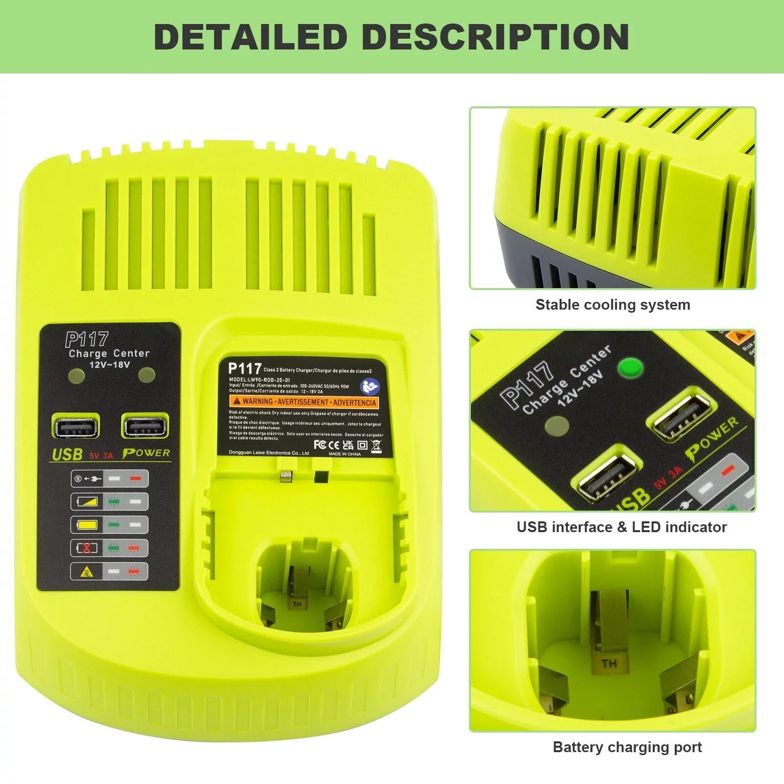 P117 Battery Charger For  18V High Capacity 18Volt Lithium-Ion P108 P106