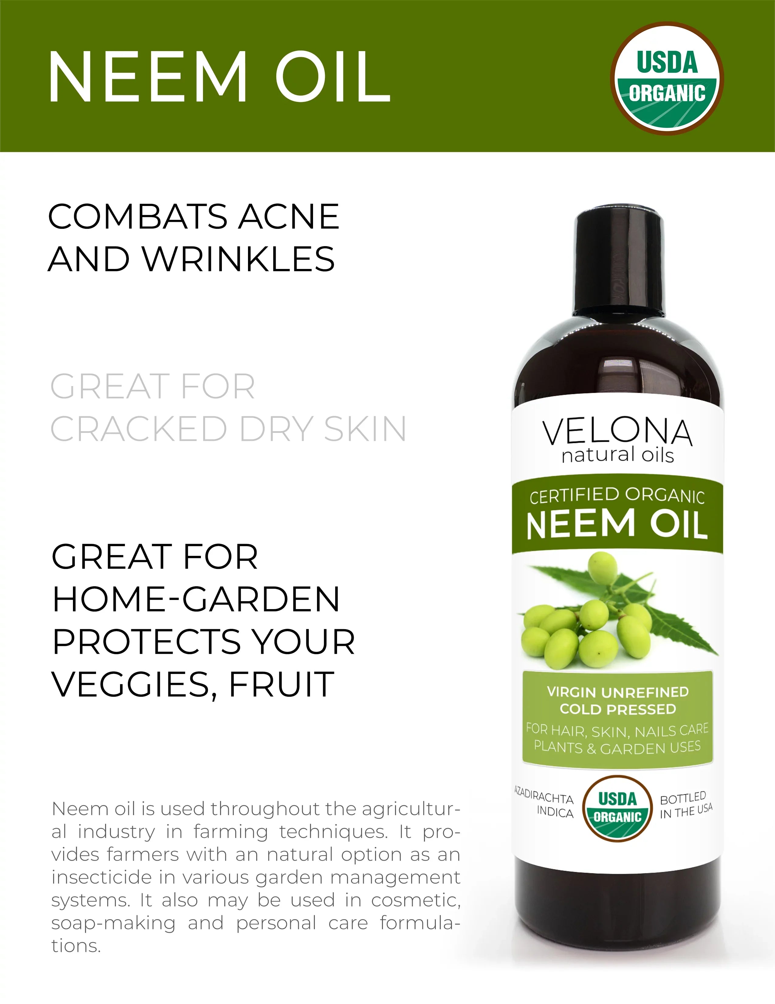 Velona Neem Oil  Certified Organic - 64 oz | 100% Pure and Natural Carrier Oil | Virgin, Unrefined, Cold Pressed | Hair, Body and Skin Care | Use Today - Enjoy Results