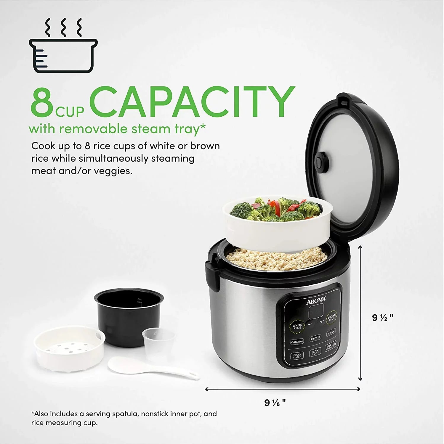Aroma Housewares -994SB 2O2O model Rice & Grain Cooker Slow Cook, Steam, Oatmeal, Risotto, 8-cup cooked/4-cup uncooked/2Qt, Stainless Steel