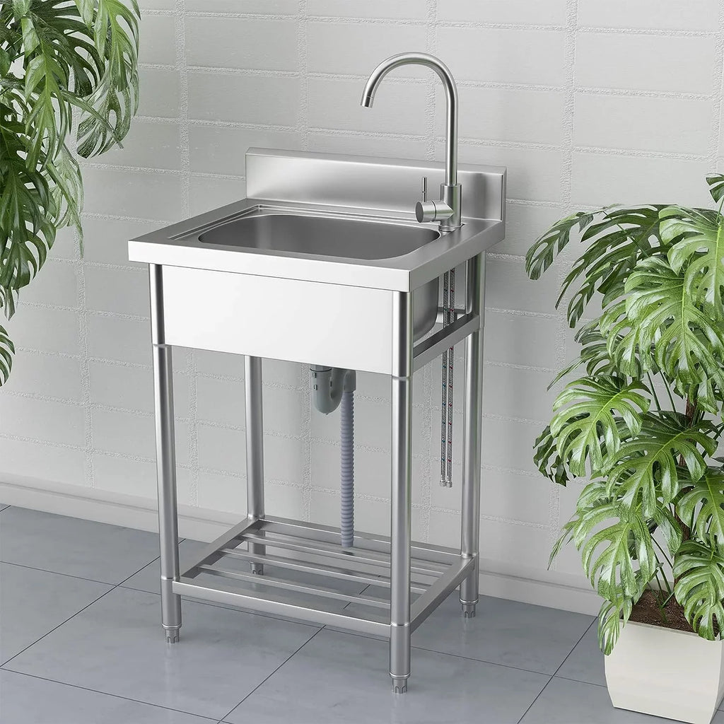 Utility Sink Stainless Steel Free Standing Single Bowl with Cold and Hot Water Pipe - Ideal for Laundry Room, Bathroom, and Farmhouse