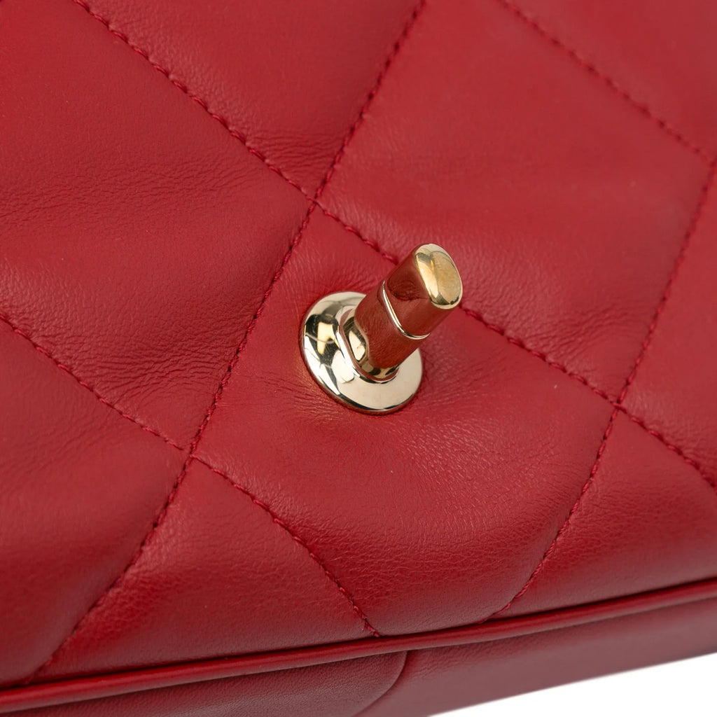 Pre-Owned Authenticated Chanel Small Easy Carry Flap Bag Lambskin Leather Red Satchel Unisex (Good)