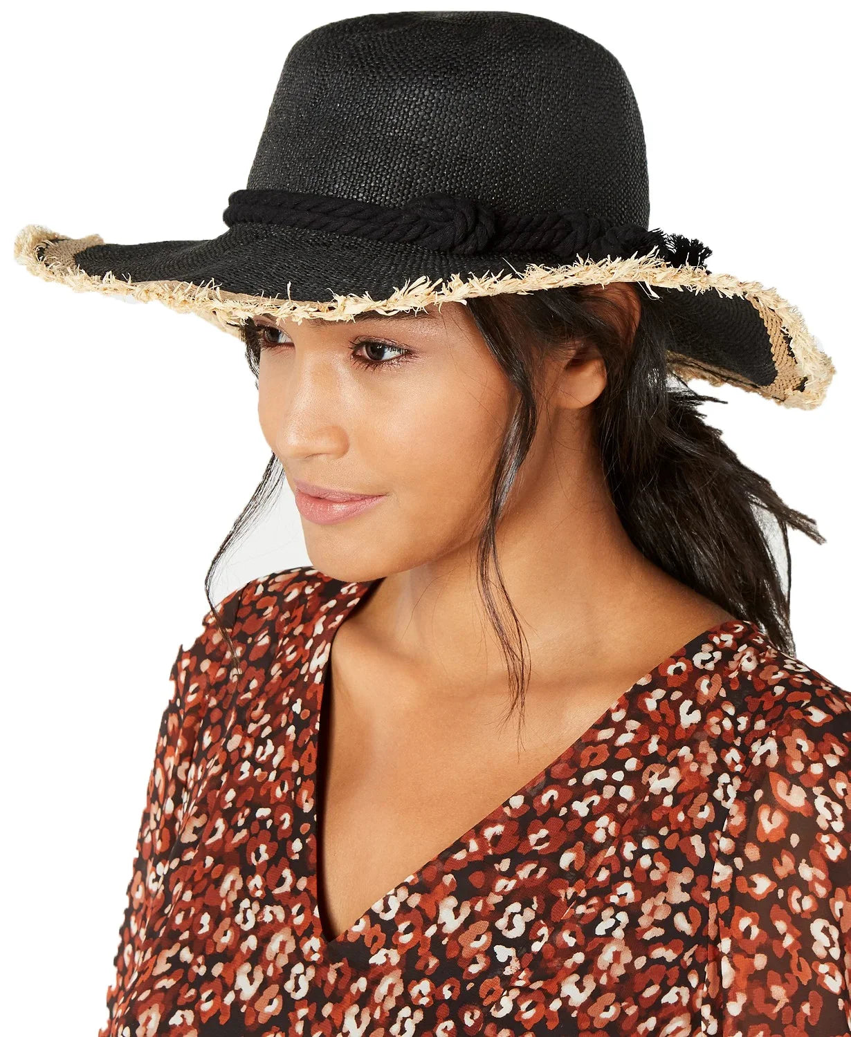 International Concepts Women’s Twisted Straw & Rope Detail Floppy Hats, Black