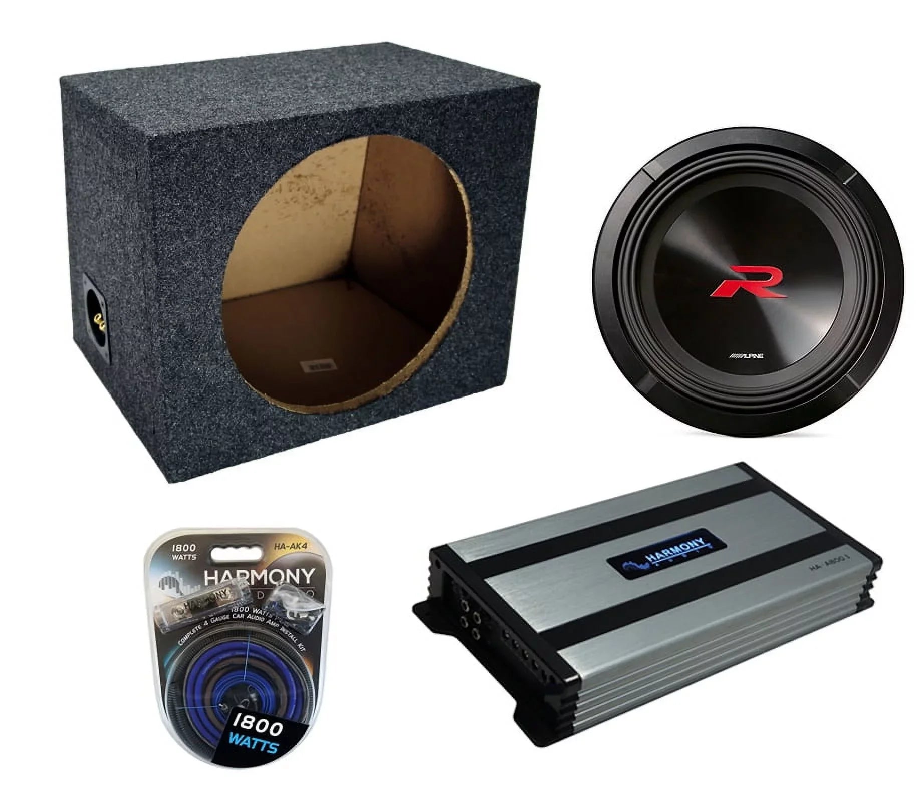 Universal Car Stereo Rearfire Sealed Single 12" Alpine Next-Generation R-Series R2-W12D4 Sub Box Enclosure with Harmony -A800.1 Amplifier & 4GA Amp Kit
