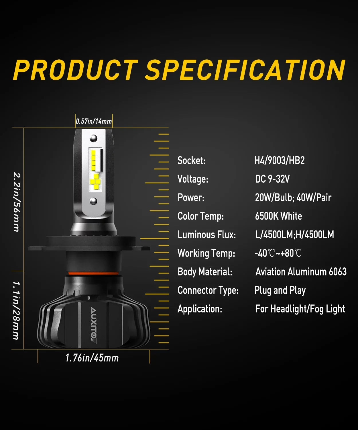 H4 9003 HB2  Bulb Fanless, Adjustable Beam 6500K Xenon White, 300% Night Visibility Dual Beam Conversion Kit Pack of 2
