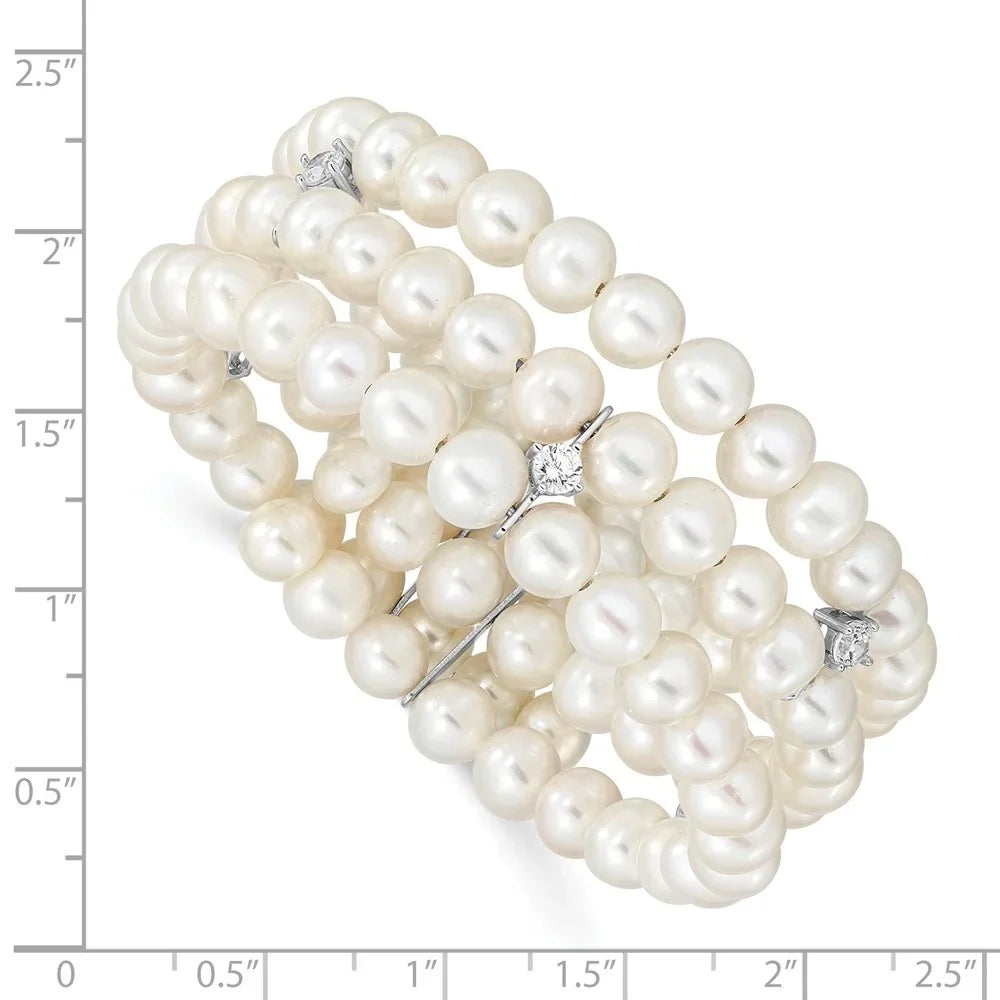 Auriga 925 Sterling Silver Rhod-plat 6-7mm White  Pearl &  3 Row Bracelet 7.5inch for Women