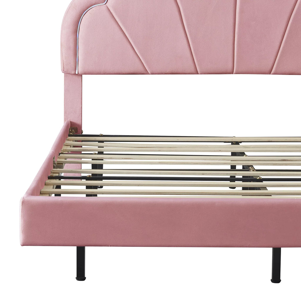 CoSoTower Queen Upholstered Smart  Bed Frame with Elegant Flowers Headboard,Floating Velvet Platform  Bed with Wooden Slats Support,Pink