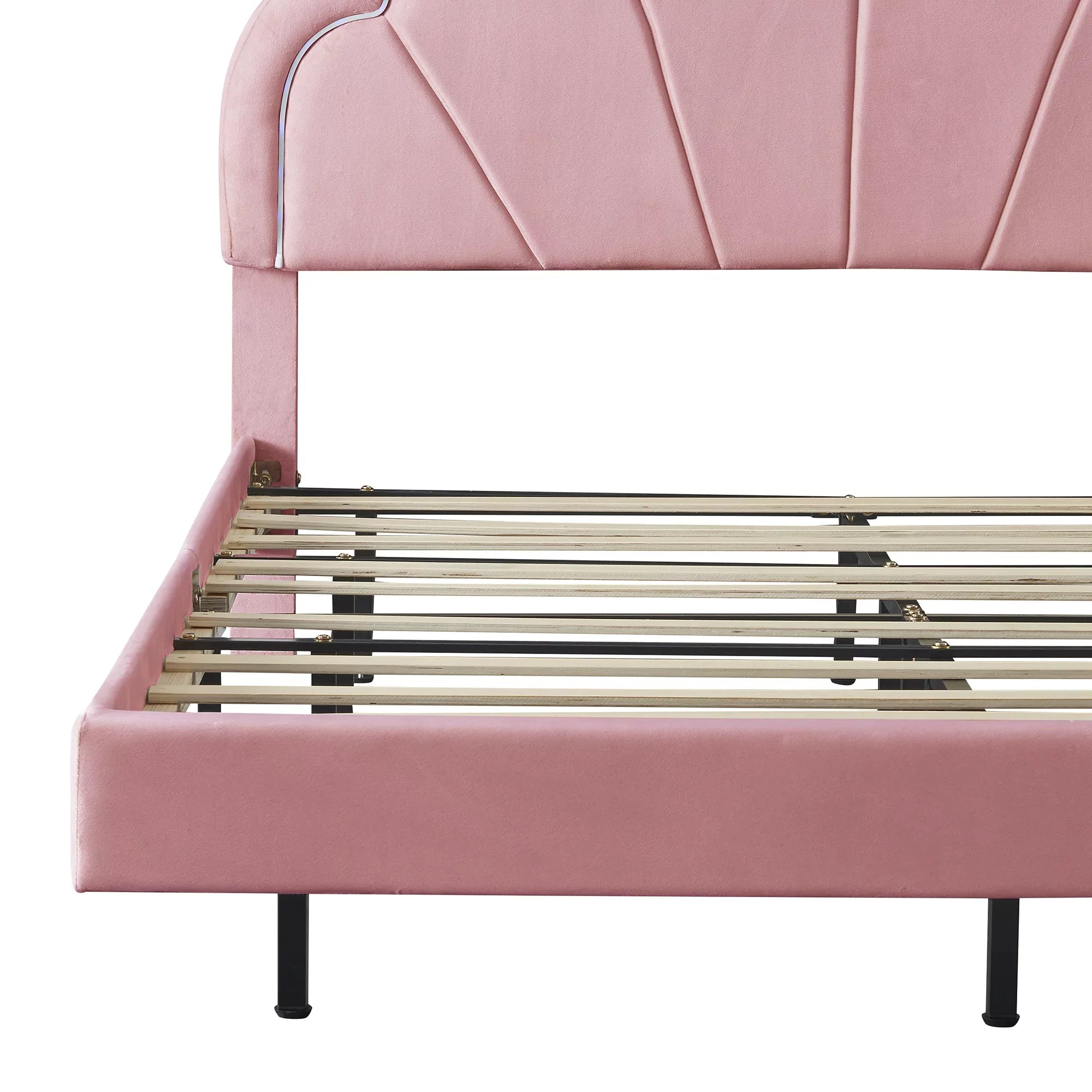 CoSoTower Queen Upholstered Smart  Bed Frame with Elegant Flowers Headboard,Floating Velvet Platform  Bed with Wooden Slats Support,Pink