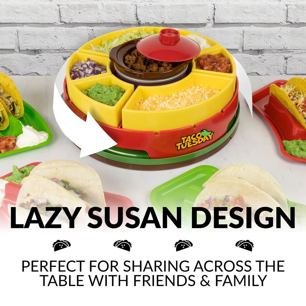 Taco Tuesday TTLSTB10 Lazy Susan Taco Bar with 20-Oz. Warming Pot, Includes 4 Taco Holders