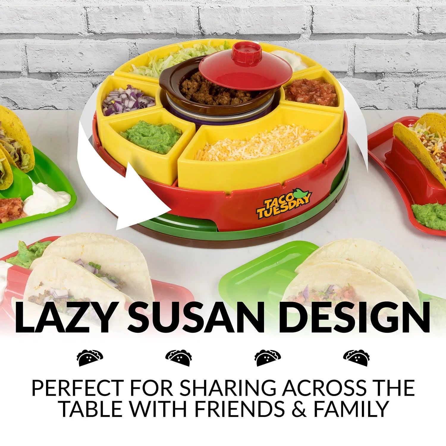 Taco Tuesday TTLSTB10 Lazy Susan Taco Bar with 20-Oz. Warming Pot, Includes 4 Taco Holders
