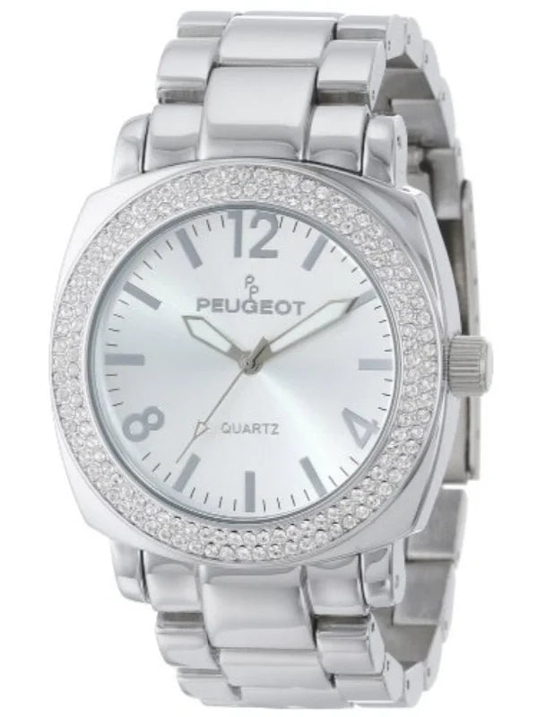Peugeot Women's All Silver Boyfriend Oversized Watch with Swarovski Crystal Bezel Metal Link Bracelet 7075S