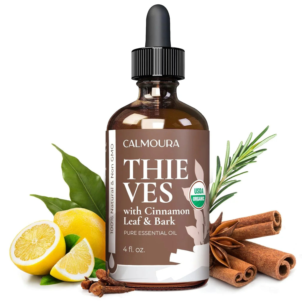 Organic Thieves Oil Essential Oil (4 oz | 118 ml) —  Certified Therapeutic Grade For Essential Oil Diffuser — Oil Blend of Clove, Cinnamon, Rosemary Essential Oil, Lemon and Eucalyptus