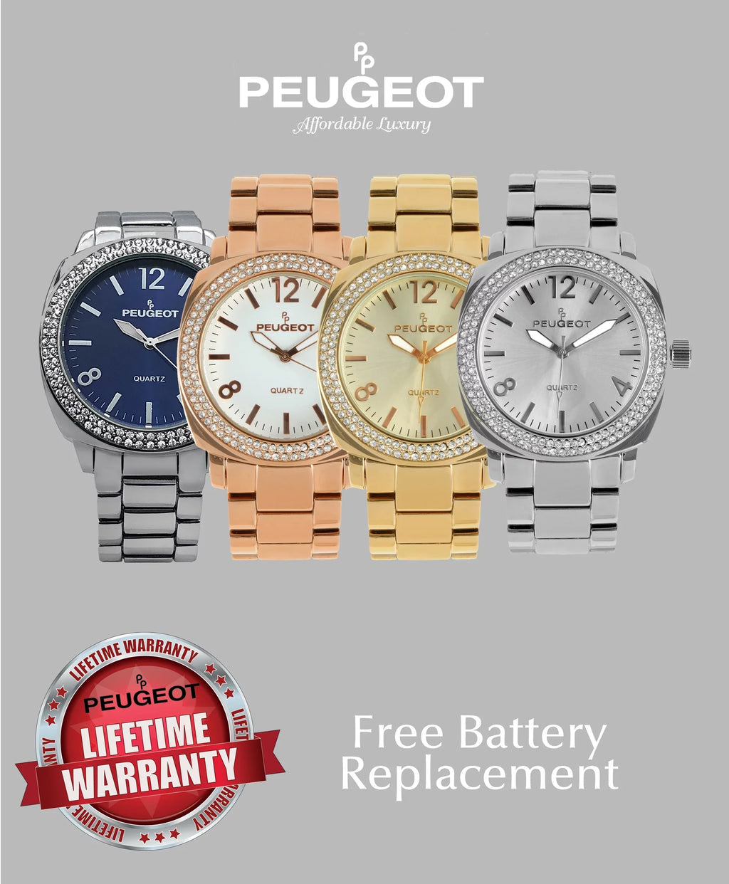 Peugeot Women's All Silver Boyfriend Oversized Watch with Swarovski Crystal Bezel Metal Link Bracelet 7075S