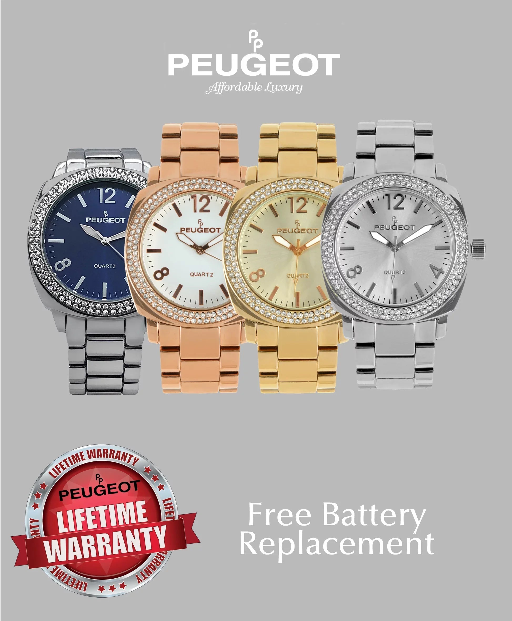 Peugeot Women's All Silver Boyfriend Oversized Watch with Swarovski Crystal Bezel Metal Link Bracelet 7075S