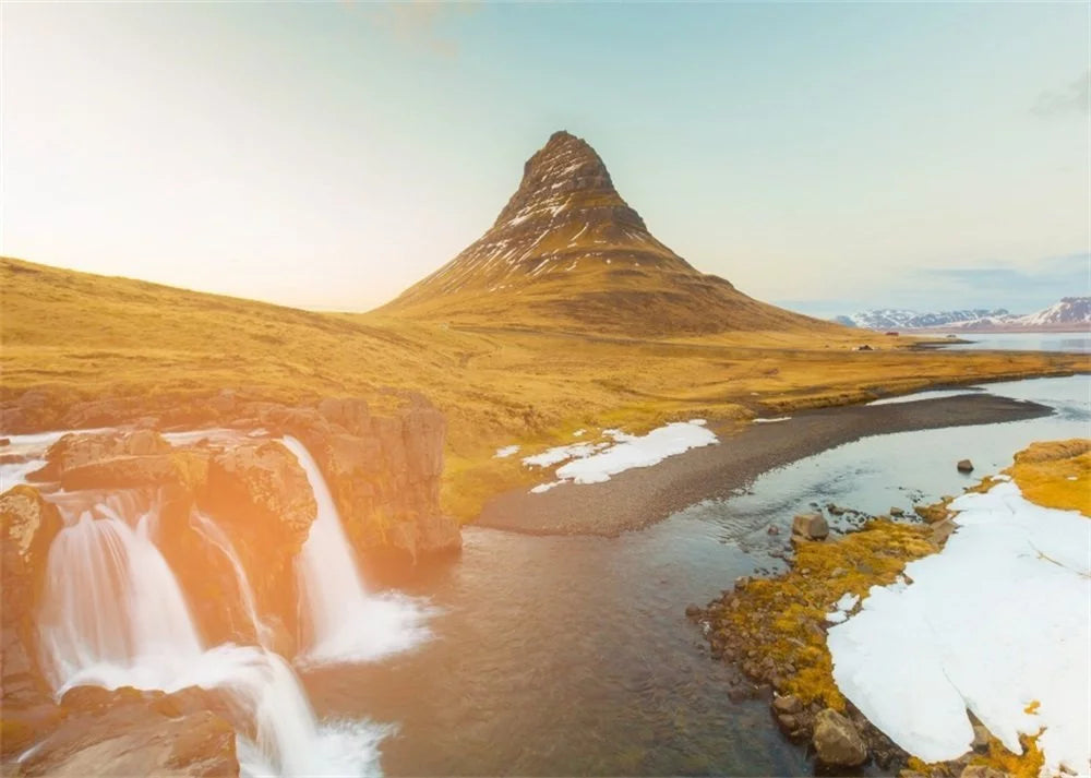 HelloDecor 7x5ft Iceland Mountain Kirkjufellsfoss Backdrop Nature Landscape Cascade Grass Lawn Blue Sky Outdoor Travel Photography Background Kids Adults Photo Studio Props