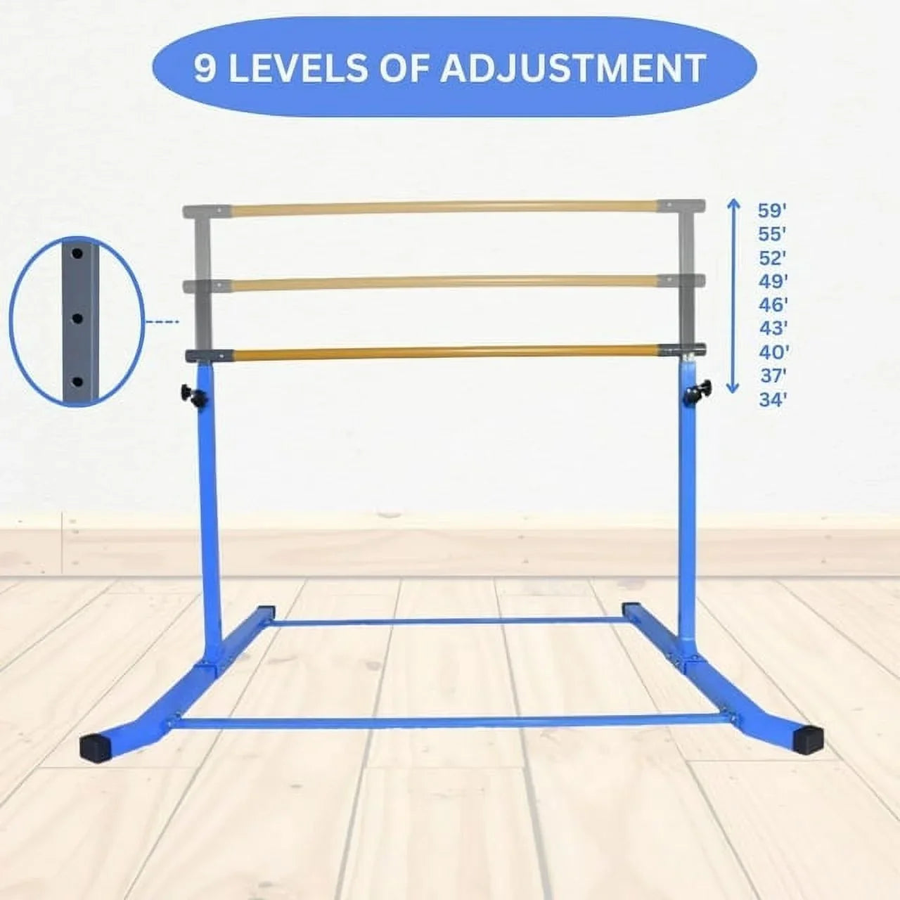 Adjustable Kids Gymnastics Kip Bar, 3-5  Height, Robust Legs, Blue - Junior Home Training Equipment