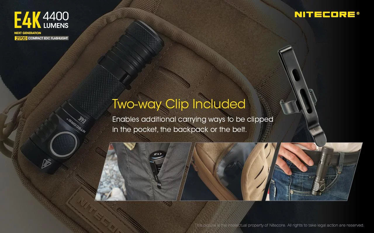 Combo:  E4K Flashlight -1x  21700 Rechargeable Li-ion Battery Included w/Offset Mount