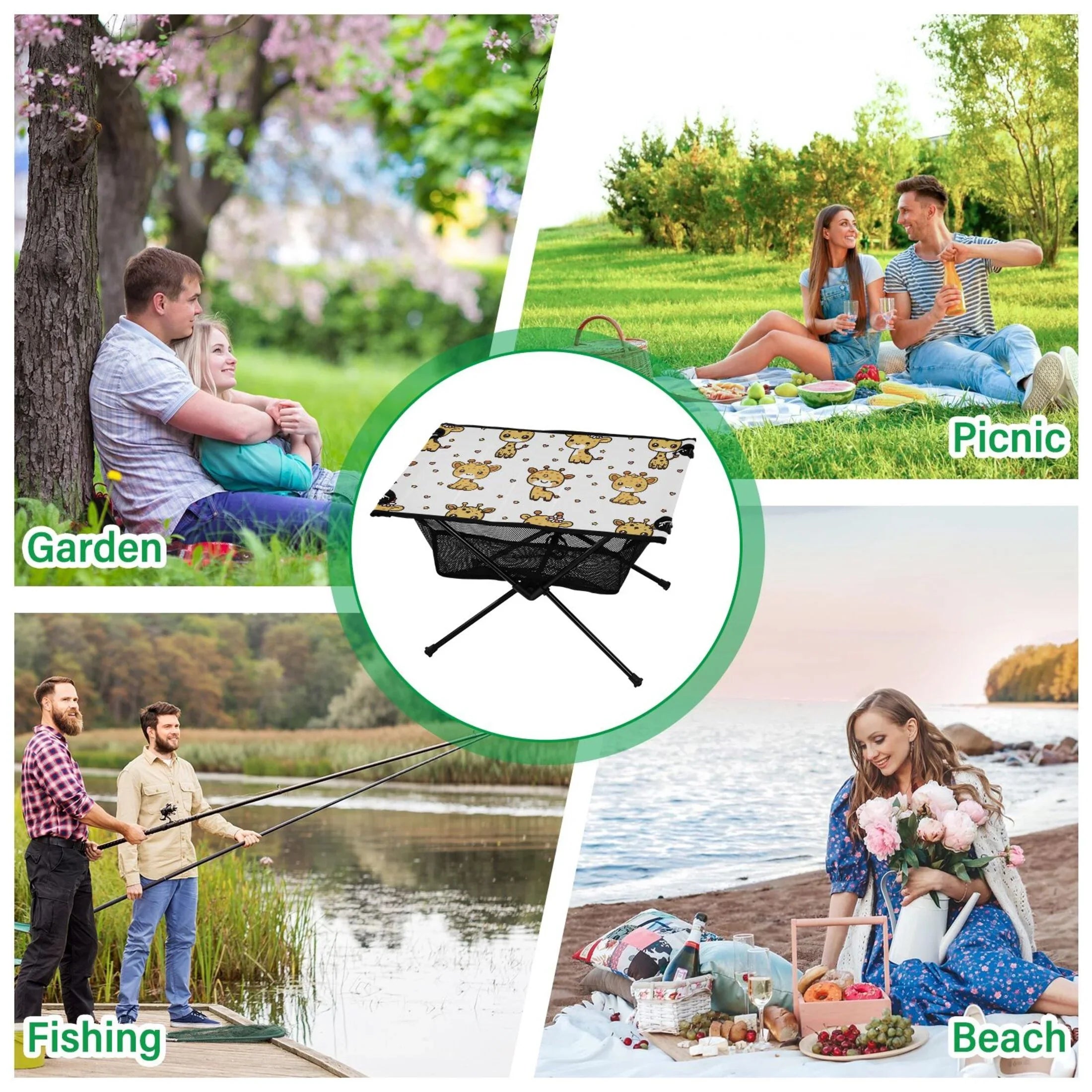 Cute Cartoon Giraffe Pattern Camping Folding Table Portable Beach Table with Storage Bag Compact Picnic Table for Outdoor Travel Fishing