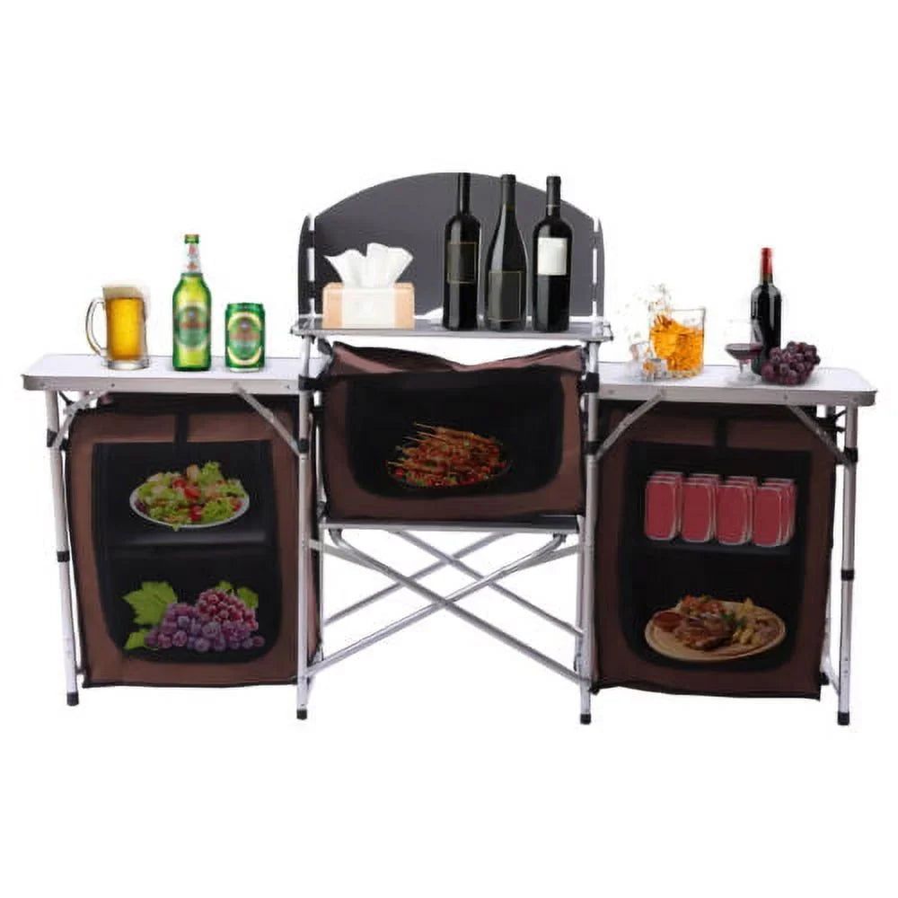Folding Camping Kitchen Table Picnic Cabinet Table Portable Cooking Storage Rack