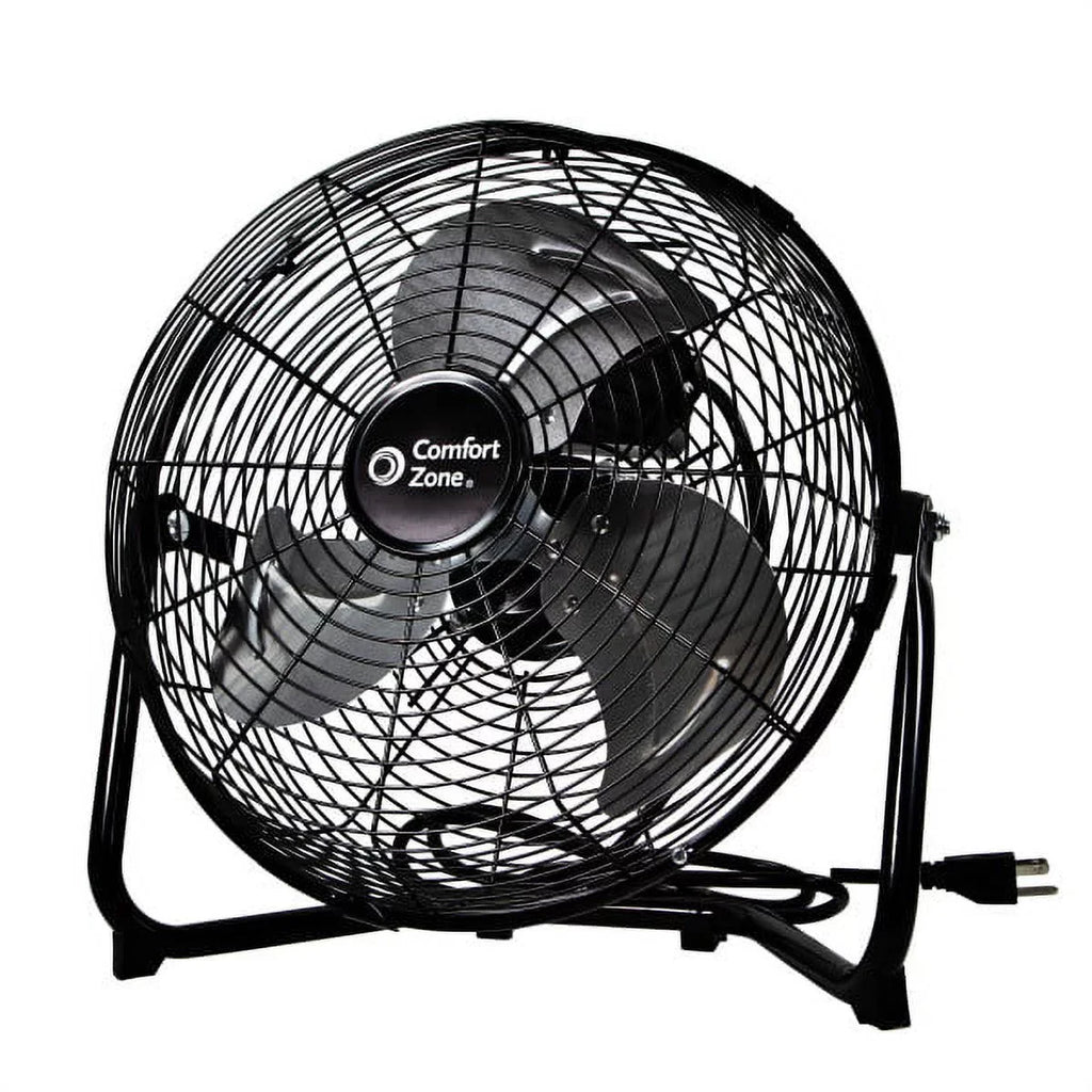 Comfort Zone 12” 3-Speed Cradle/Floor Fan with 180-Degree Adjustable Tilt, All-Metal Construction, Rubber Feet, and Carry Handle, Black