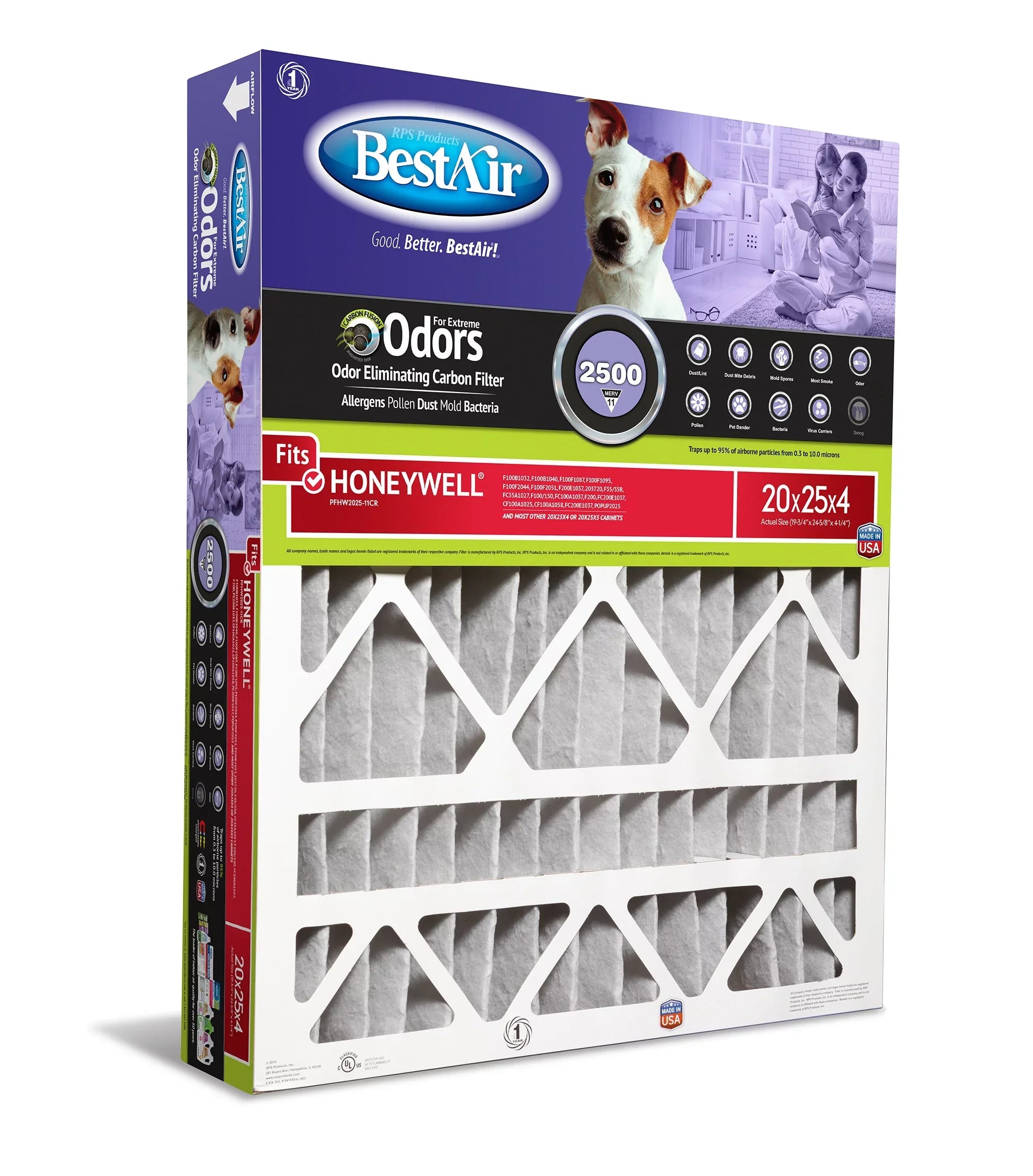 BestAir PFHW2025-11CR Carbon Infused Honeywell 20x25x4 Series 2500  11 Pet Filter