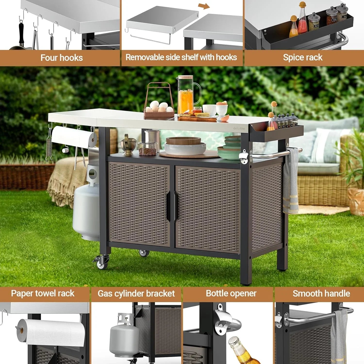 53-Inch Dining Cart Table Storage Cabinet with  Stainless Steel Countertop, Rolling Kitchen Island Worktable with Side Shelf and Wheels for Indoor Outdoor