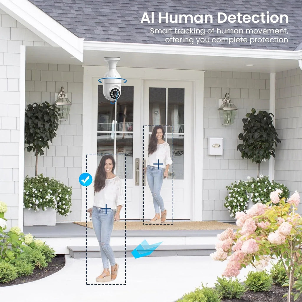 1080p Light Bulb Security Camera, 355° Panora Dome Cam, Live View,  Human Detection, 2-Way