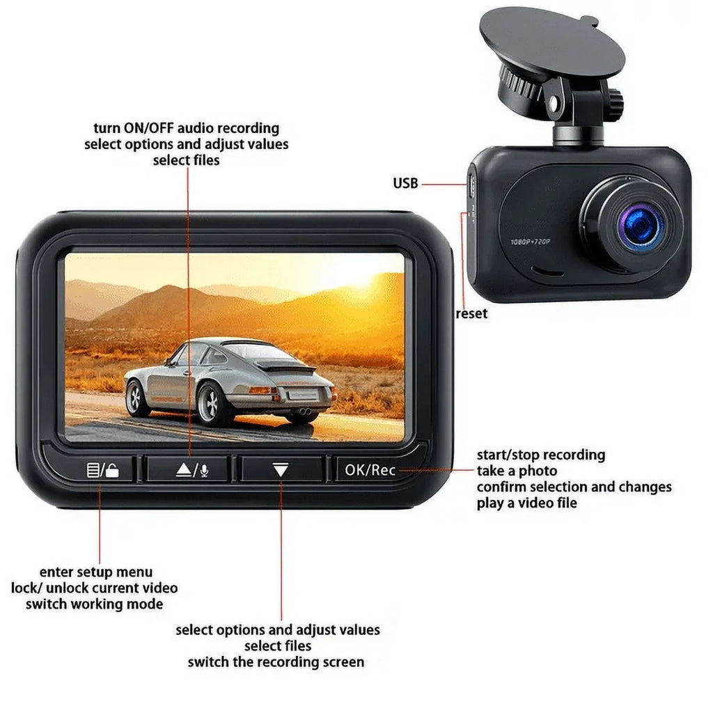 Dash Cam Front and Rear, 1080P Dash Camera, Dashcam with Night Vision, Car Camera with 2.45-inch  Display, Parking Mode, G-Sensor, Loop Recording,