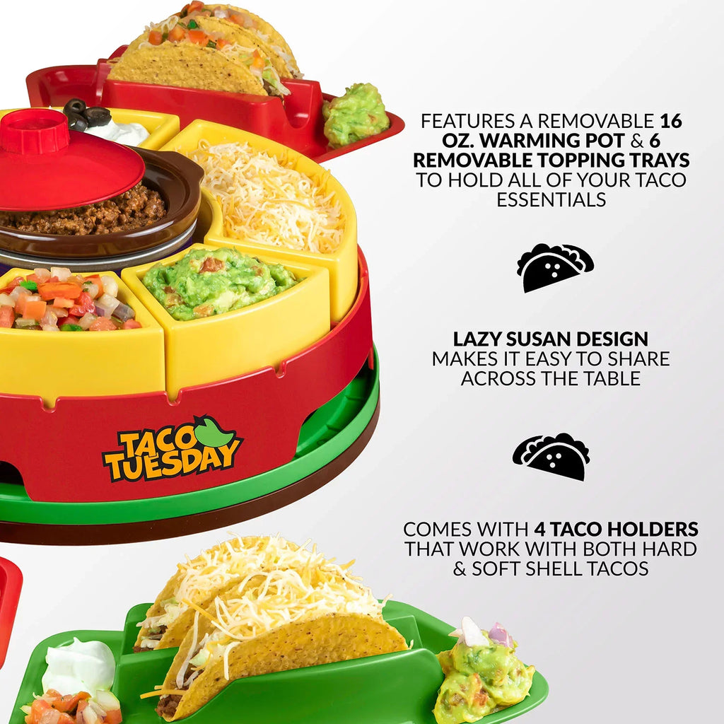 Taco Tuesday TTLSTB10 Lazy Susan Taco Bar with 20-Oz. Warming Pot, Includes 4 Taco Holders