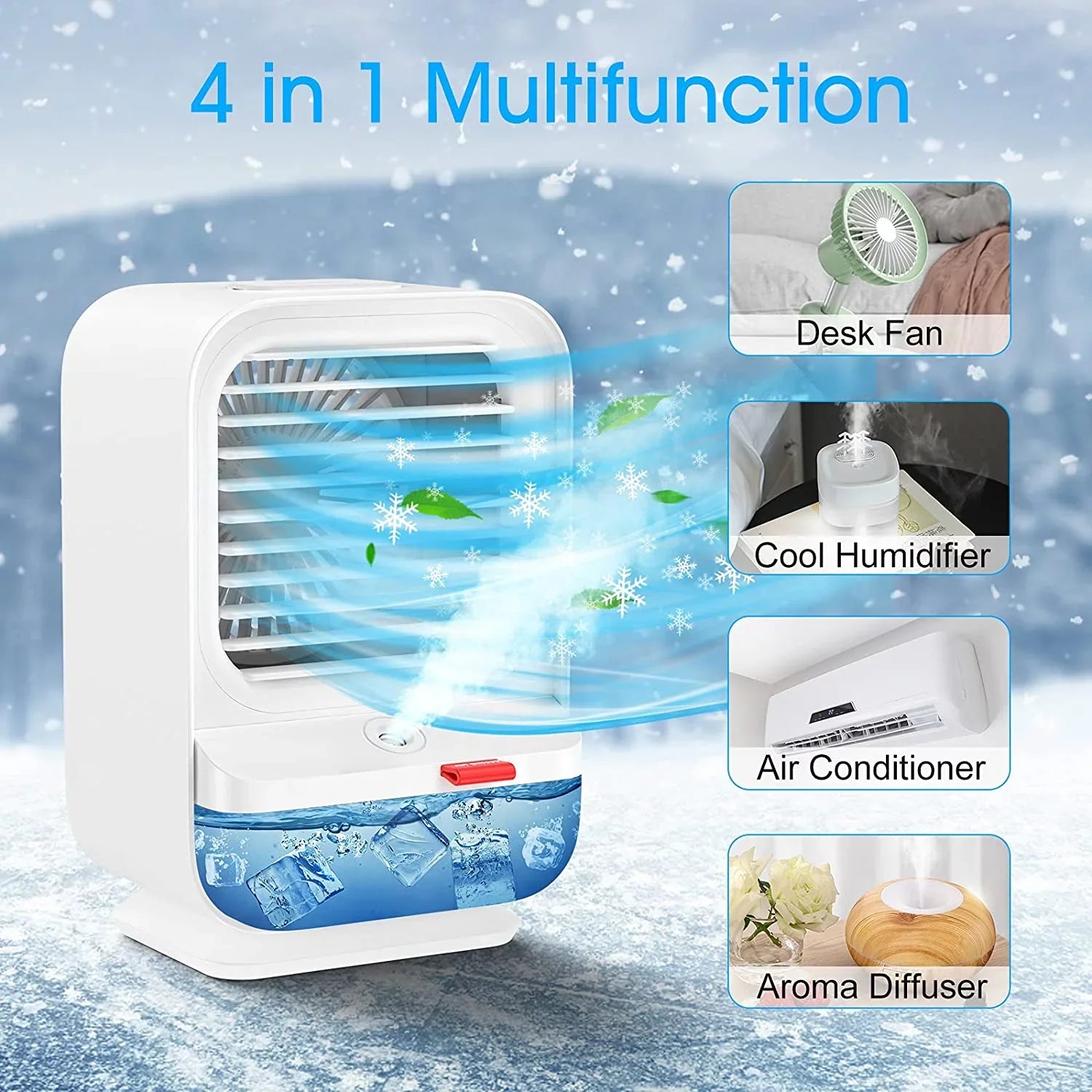 Sholov Portable Air Conditioner Fan Mini Personal Evaporative Air Cooler 90 Shaking Head with Battery with 3 Speeds & 2 Misting &  Light for Home, Bedroom, Travel & Office,  Charging, White