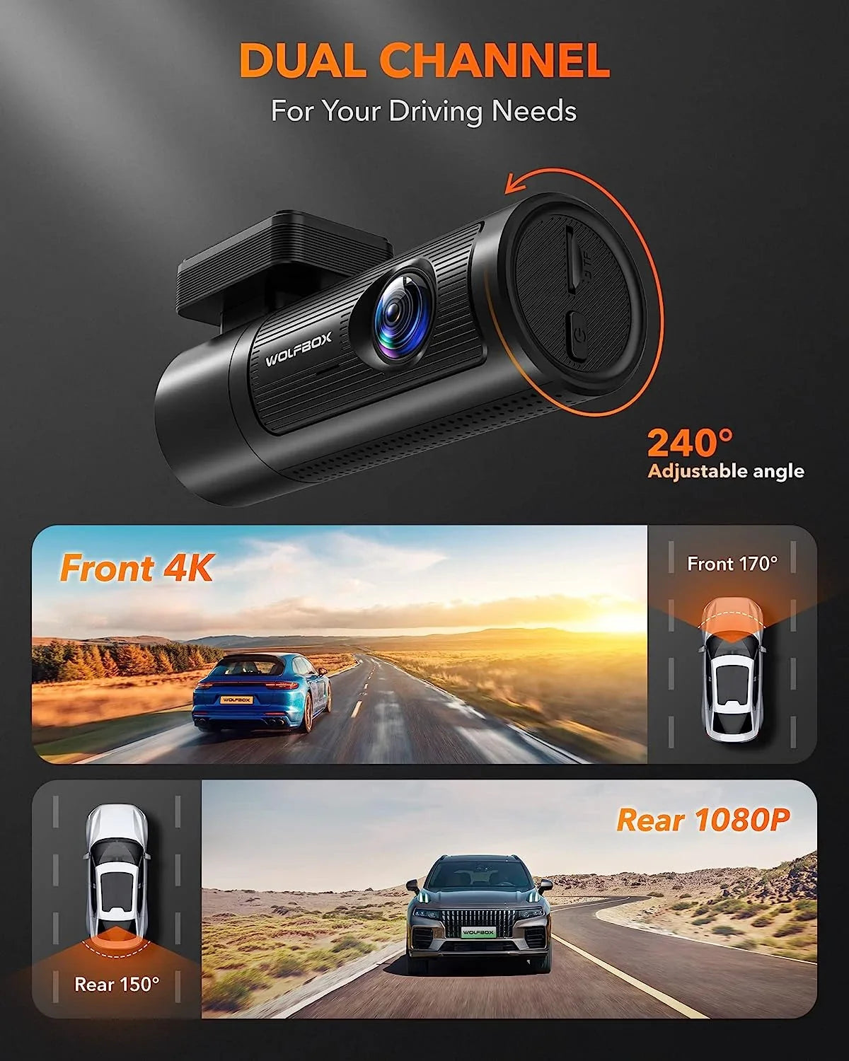 Dash Cam Front and Rear, 4K  Front and 1080P Rear DashCam with  & WiFi, Car Dashcam with Night Vision, , Free 32G Card, Loop Recording