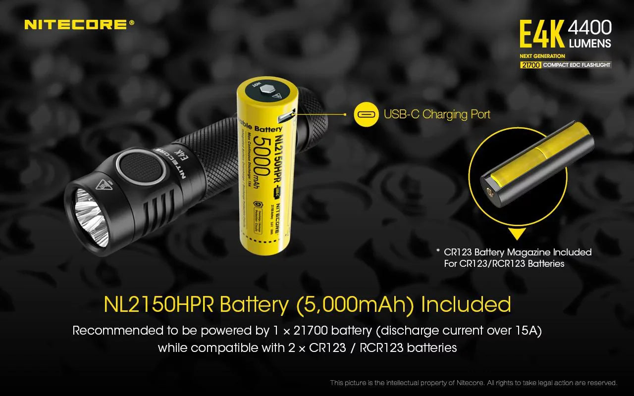 E4K Next generation 21700 Compact  Flashlight - 4x  -L2 V6 - 4400 Lumens w/ 1x  21700 Rechargeable Li-ion Battery and  Eco-Sensa Battery Case