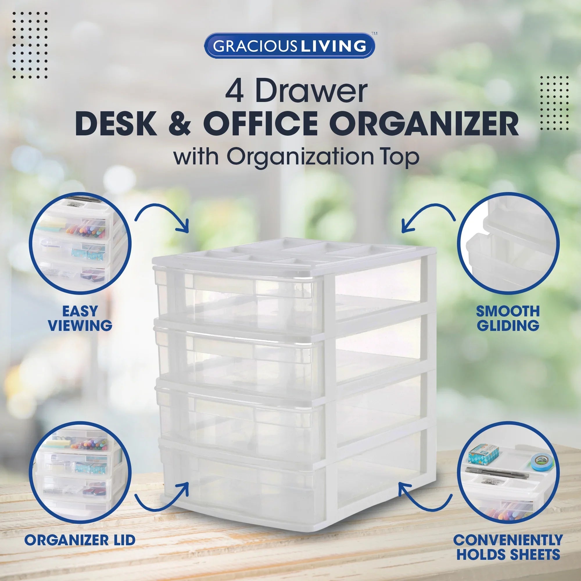 Gracious Living 4 Drawer Desktop Storage w/ Organizer Lid, White (4 Pack)