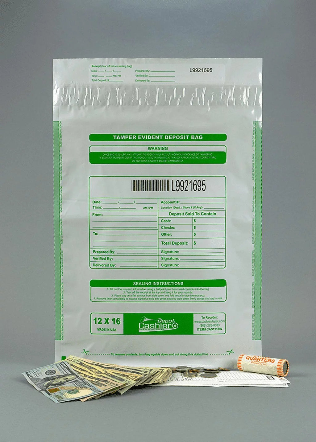 Cashier Depot Tamper Evident Deposit Bags, 12" x 16" White, Serialized Numbering, Barcode, Press & Seal Void Closure Tape (100 Bags)