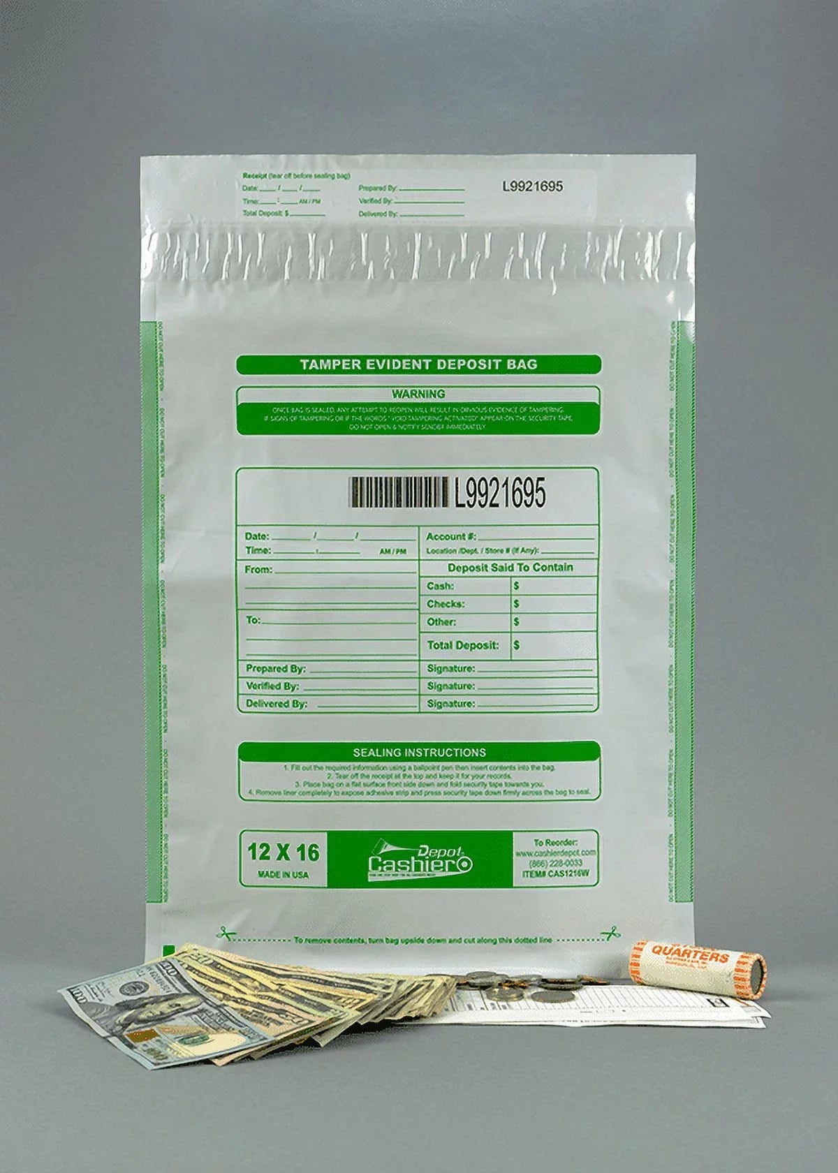 Cashier Depot Tamper Evident Deposit Bags, 12" x 16" White, Serialized Numbering, Barcode, Press & Seal Void Closure Tape (100 Bags)