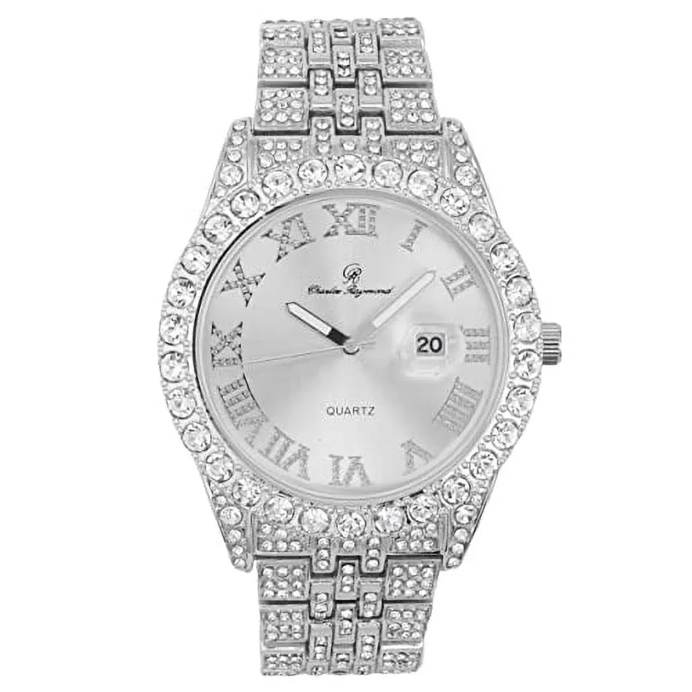 Charles Raymond Big Rocks w/Roman Numerals Fully Iced Out Mens Watch w/Easy Read Date and Colorful Dials- Designer Hip Hop Blinged Out Timepiece - ST0226RND Cuban Silver Silver