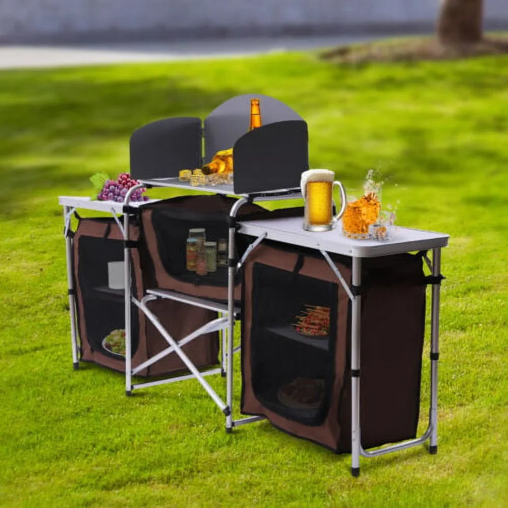 Folding Camping Kitchen Table Picnic Cabinet Table Portable Cooking Storage Rack
