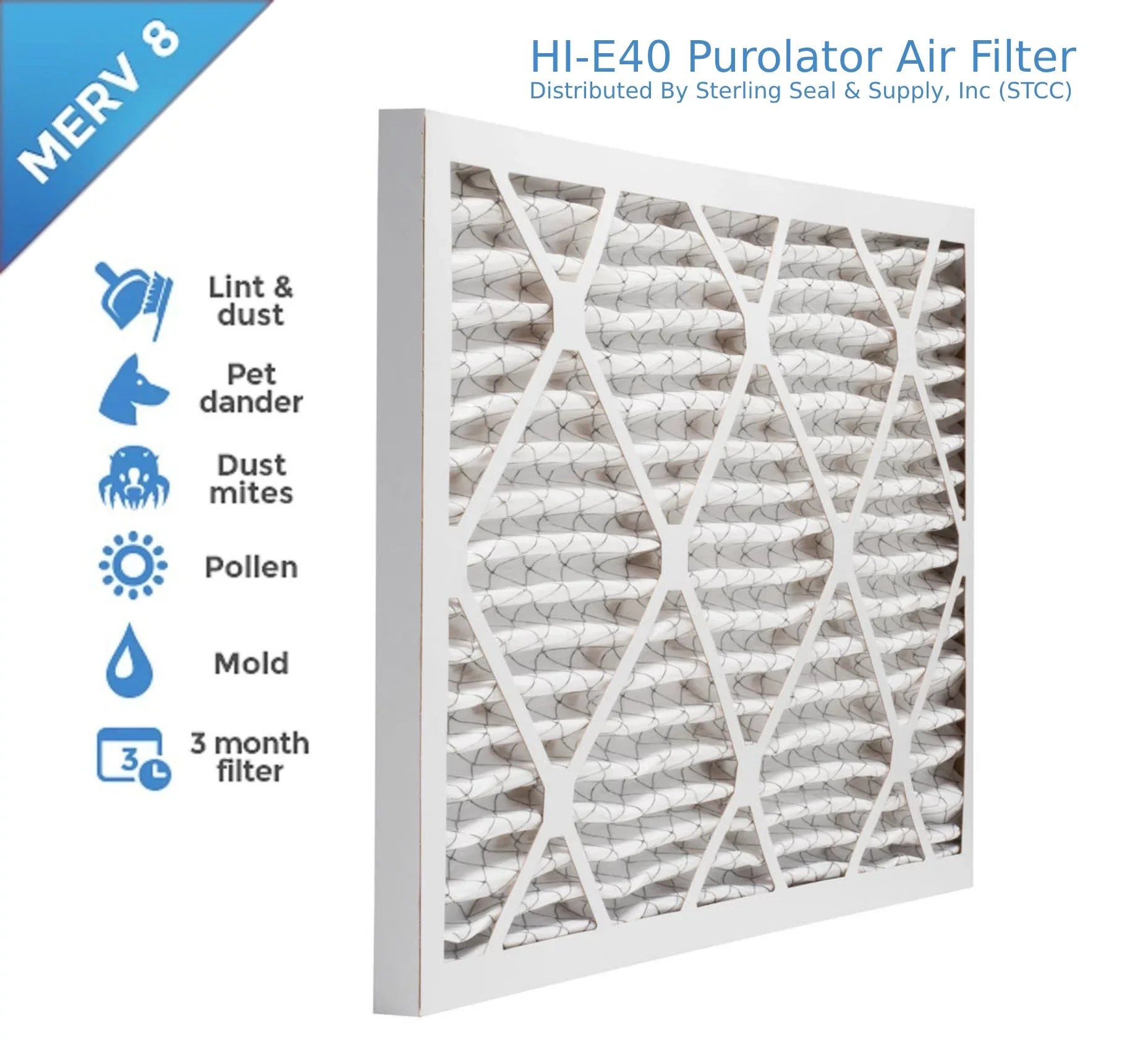 20x30x1, Purolator Hi-E 40 Extended Surface Pleated Air Filter, Mechanical  8, (6 Pack)