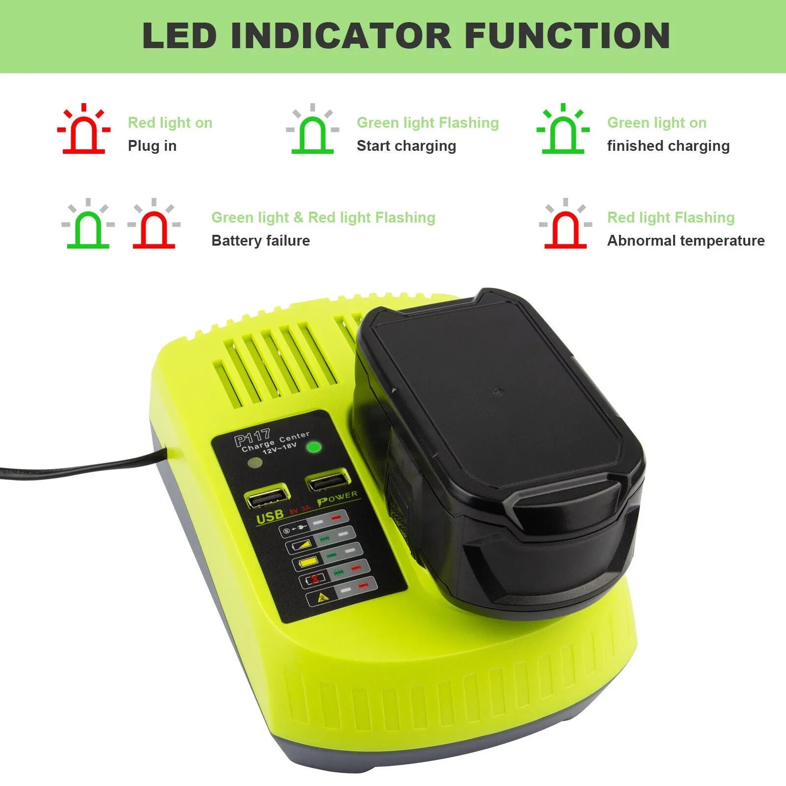 P117 Battery Charger For  18V High Capacity 18Volt Lithium-Ion P108 P106