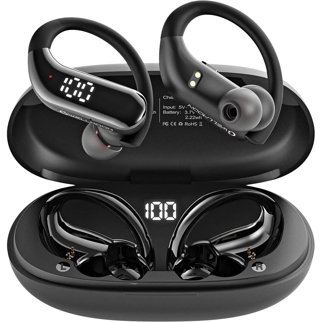 Bluetooth 5.3 Headphones Wireless Earbuds 100hrs Playtime Wireless Charging Case Digital Display Sports Ear buds with Earhook Premium Deep Bass Waterproof Over-Ear Earphones for  Phone Laptop Black