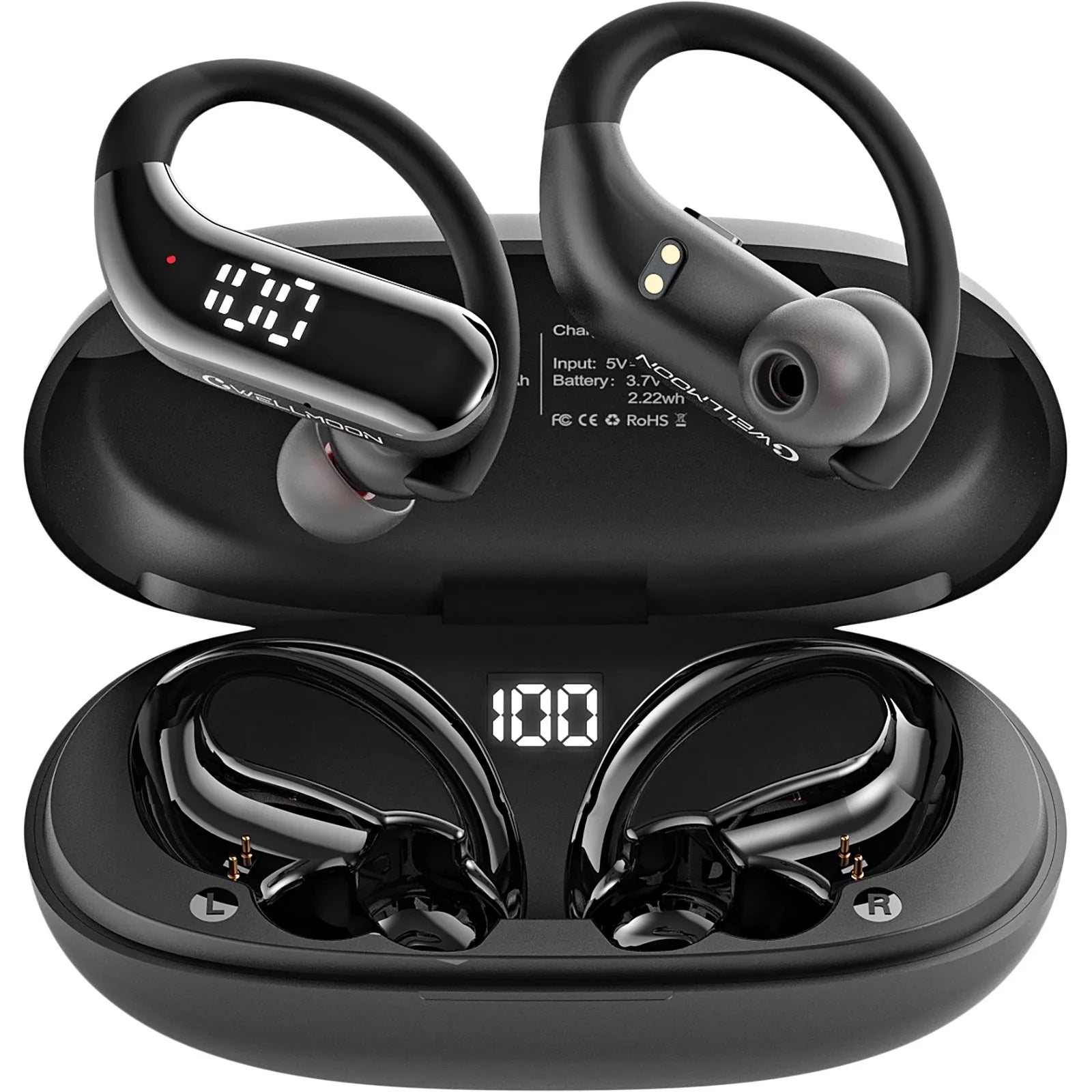 Bluetooth 5.3 Headphones Wireless Earbuds 100hrs Playtime Wireless Charging Case Digital Display Sports Ear buds with Earhook Premium Deep Bass Waterproof Over-Ear Earphones for  Phone Laptop Black