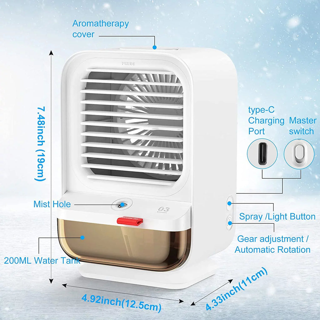 Sholov Portable Air Conditioner Fan Mini Personal Evaporative Air Cooler 90 Shaking Head with Battery with 3 Speeds & 2 Misting &  Light for Home, Bedroom, Travel & Office,  Charging, White