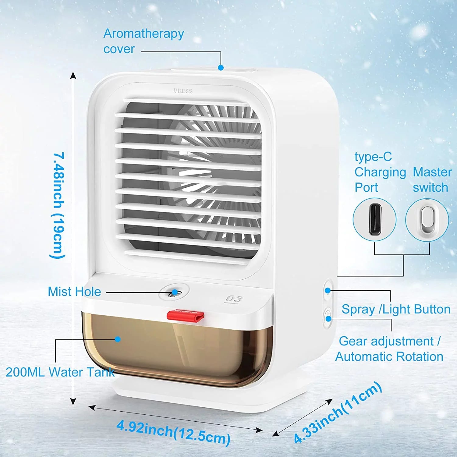 Sholov Portable Air Conditioner Fan Mini Personal Evaporative Air Cooler 90 Shaking Head with Battery with 3 Speeds & 2 Misting &  Light for Home, Bedroom, Travel & Office,  Charging, White